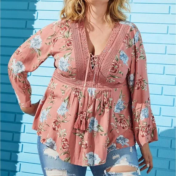 Torrid Dusty Coral Floral Crinkle Gauze Crochet Babydoll Top Size 3 3X H13239 - Picture 1 of 12